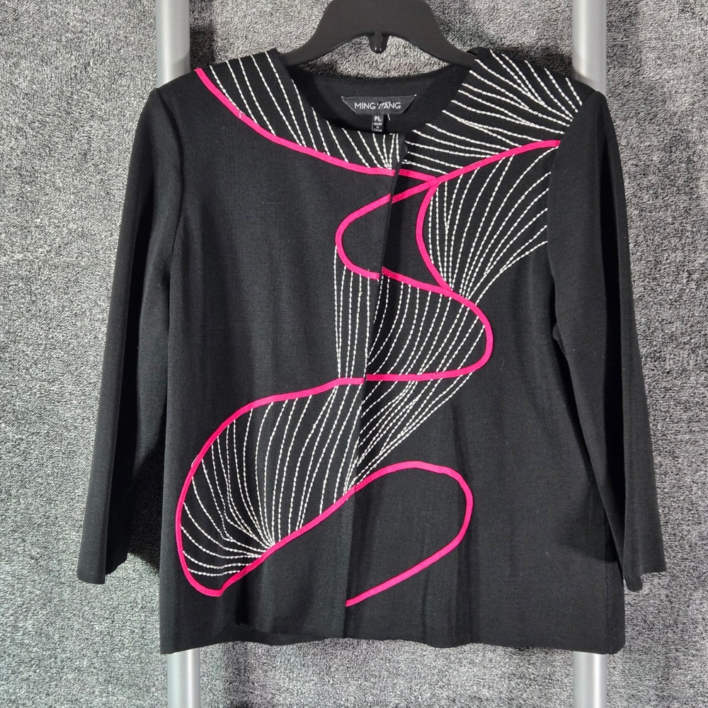 Ming Wang Black Pink Swirl Knit Jacket Single Snap Shoulder Pads Petite Large